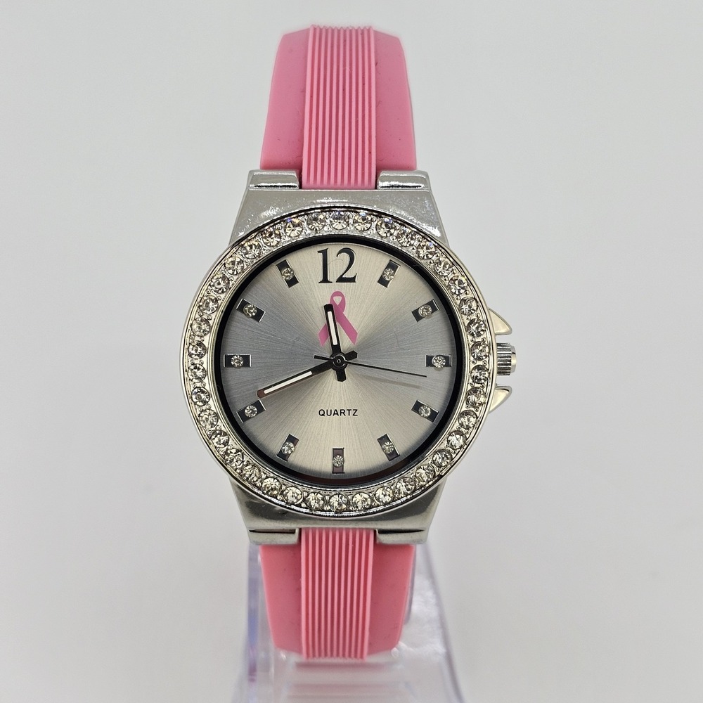38MM Women's Watch Gray Dial Pink Bands Breast Cancer Ribbon New Battery